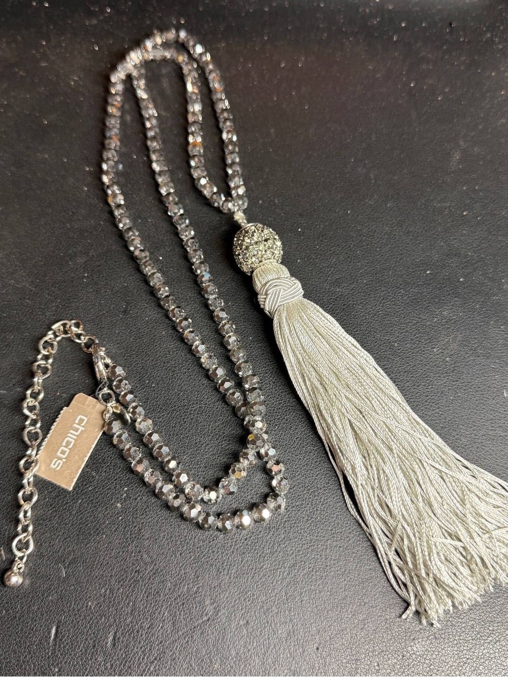 NWT Chico’s Metallic Silver Gray Crystal Beaded Tassel 34" +5" Necklace MSRP $59